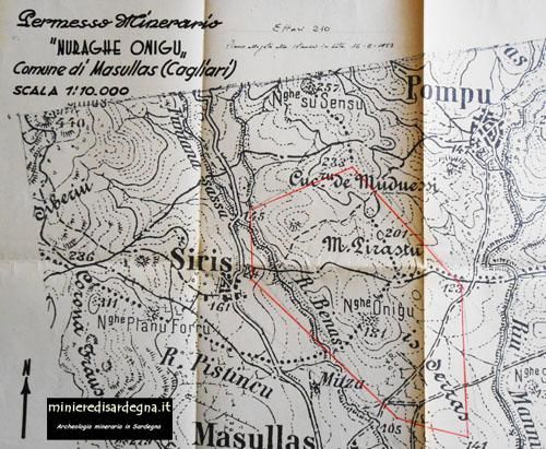 In rosso i limiti del permesso di Nuraghe Onigu - Monte Pirastu